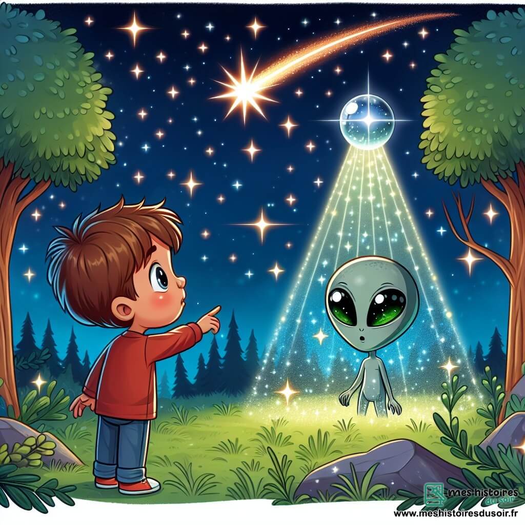 Une illustration destinée aux enfants représentant un garçon curieux observant une étoile filante descendre vers une clairière enchantée, où il rencontre un extraterrestre aux yeux brillants, dans un vaisseau scintillant au cœur d'une forêt mystérieuse.