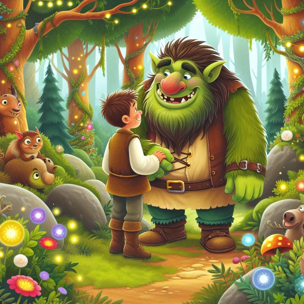 Une illustration destinée aux enfants représentant un ogre gentil et farceur qui rencontre un jeune garçon aventurier, au cœur d'une forêt enchantée avec des arbres aux couleurs chatoyantes, des fleurs lumineuses et des animaux rigolos.