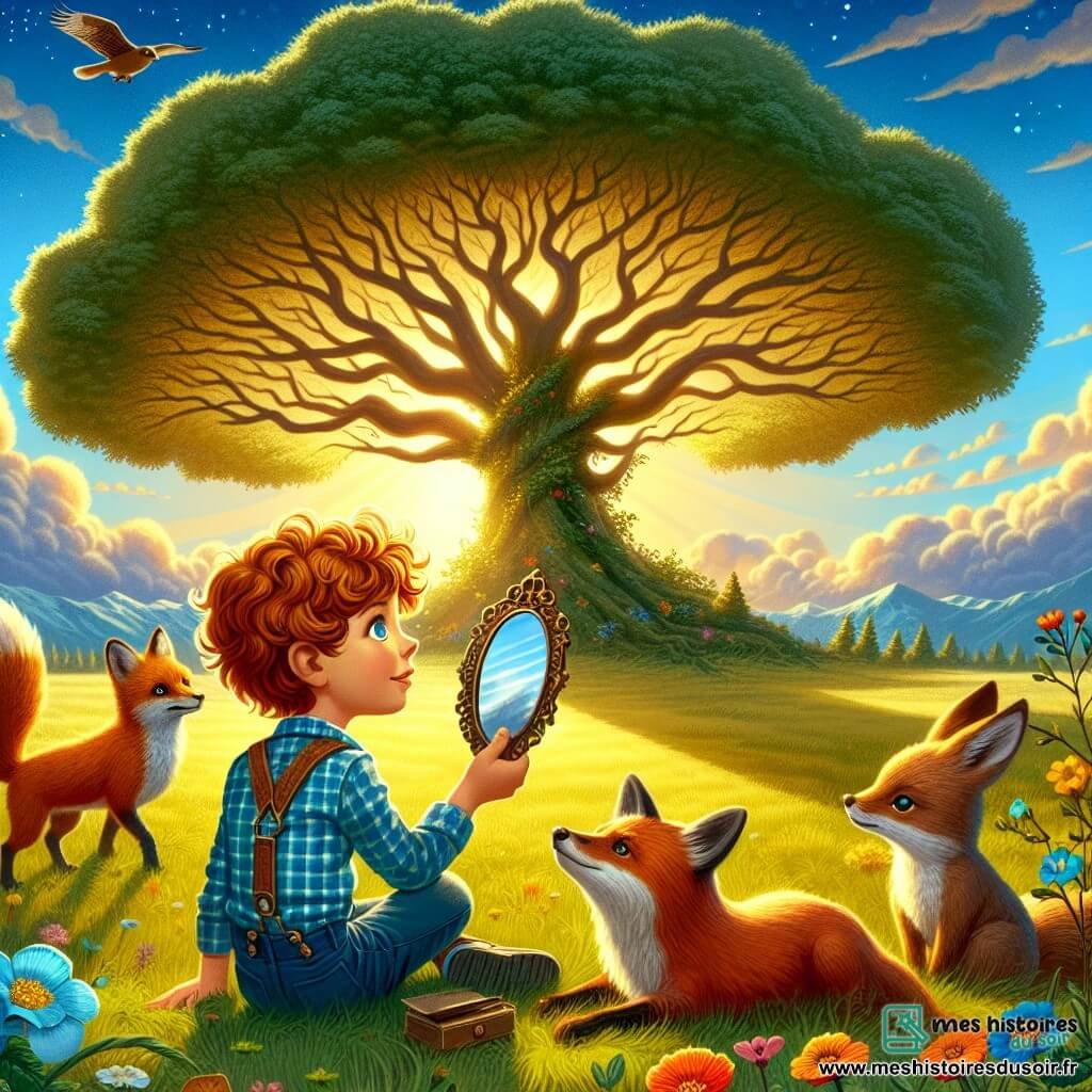 Illustration d'une prairie lumineuse avec un grand arbre majestueux au centre. Le ciel est bleu, parsemé de nuages, et des fleurs colorées dansent au vent. Au premier plan, un garçon de 11 ans aux cheveux châtains et bouclés, en chemise à carreaux et short en denim, est assis sur l'herbe, émerveillé, tenant un miroir ancien. Ses yeux brillent d'excitation en observant les reflets magiques. À côté, un renard rusé à pelage orange l'observe, tandis qu'un écureuil aux grandes oreilles grimpe sur une branche. Le garçon contemple la beauté des visions dans le miroir, encouragé par les animaux à explorer ses rêves. Des rayons de soleil filtrent à travers les feuilles, créant une atmosphère magique de découverte et d'émerveillement.
