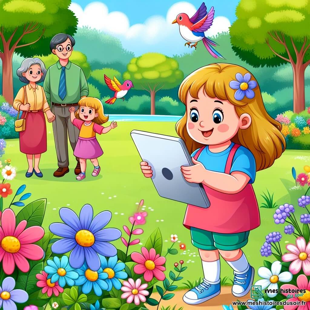 Une illustration destinée aux enfants représentant une jeune fille captivée par son écran, découvrant la beauté de la nature en compagnie de sa famille dans un parc verdoyant parsemé de fleurs colorées et d'oiseaux chantants.