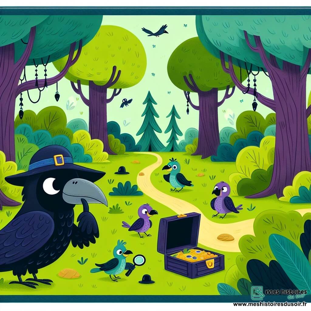 Une illustration destinée aux enfants représentant un corbeau farceur concoctant une fausse chasse au trésor pour ses amis animaux, dans une forêt enchantée aux sentiers verdoyants et aux arbres majestueux.