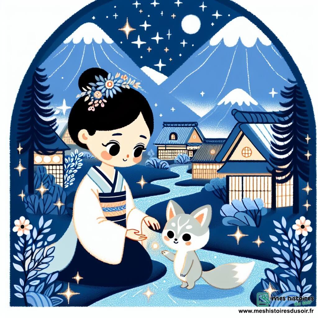 Une illustration destinée aux enfants représentant une femme au cœur pur, faisant la rencontre d'un petit obake, un esprit métamorphe sous forme de renard argenté, dans un village niché au cœur des montagnes du Japon, entouré de rivières étincelantes, de clairières enchantées et de montagnes majestueuses.