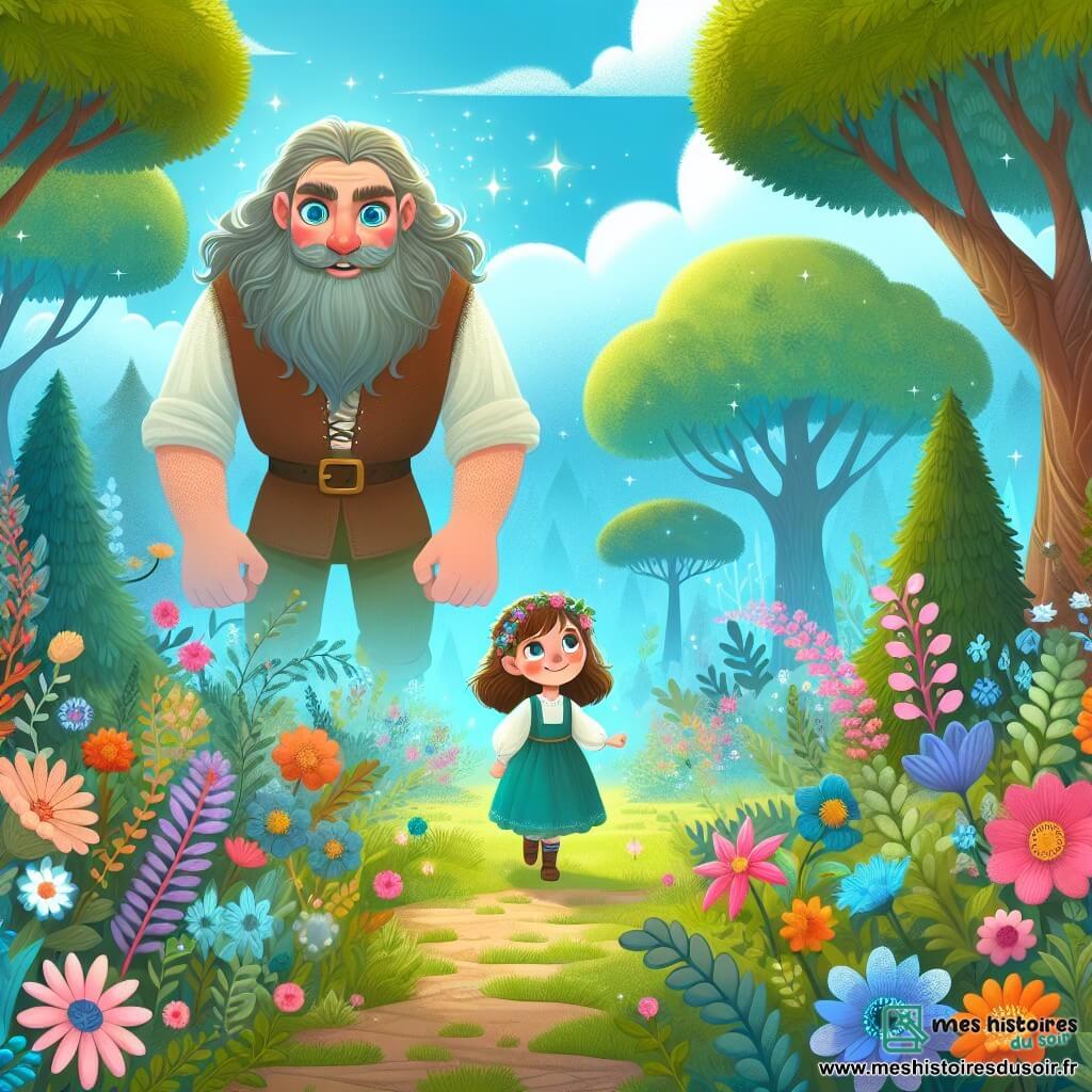 Une illustration destinée aux enfants représentant un géant au regard brillant, accompagné d'une petite fille courageuse, explorant un jardin enchanté rempli de fleurs colorées et d'arbres majestueux.