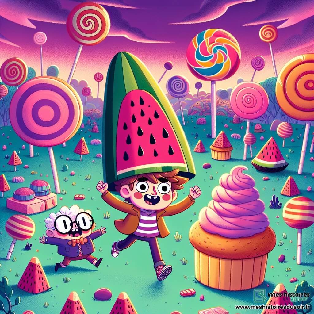 Une illustration sous forme de dessin destinée aux enfants représentant un paysage fantastique du Pays des Chapeaux Magiques, avec un ciel violet éclatant et des arbres en forme de sucettes, où un garçon de 12 ans aux cheveux bruns en bataille, portant un chapeau en forme de pastèque, danse joyeusement au milieu d'un champ de gâteaux géants, tandis qu'un petit personnage haut comme trois pommes avec des lunettes rondes et un chapeau en forme de cupcake l'encourage en riant, le tout dans une ambiance ludique et colorée, illustrant leur aventure absurde et amusante.