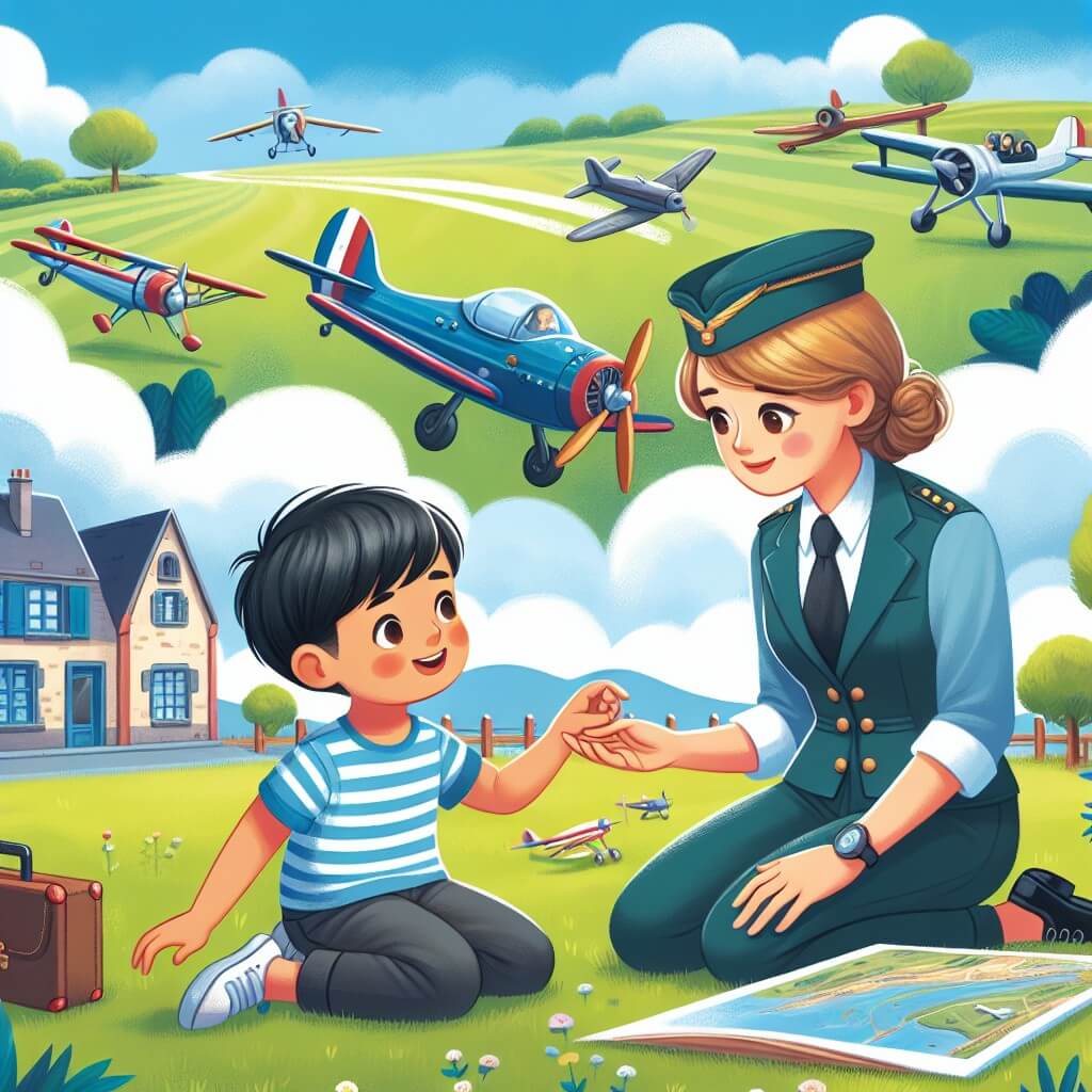 Une illustration destinée aux enfants représentant un jeune homme passionné par les avions, qui fait la rencontre d'un pilote bienveillant lors d'une exposition aéronautique dans un petit village français, entouré de magnifiques champs verdoyants et d'un ciel bleu dégagé.