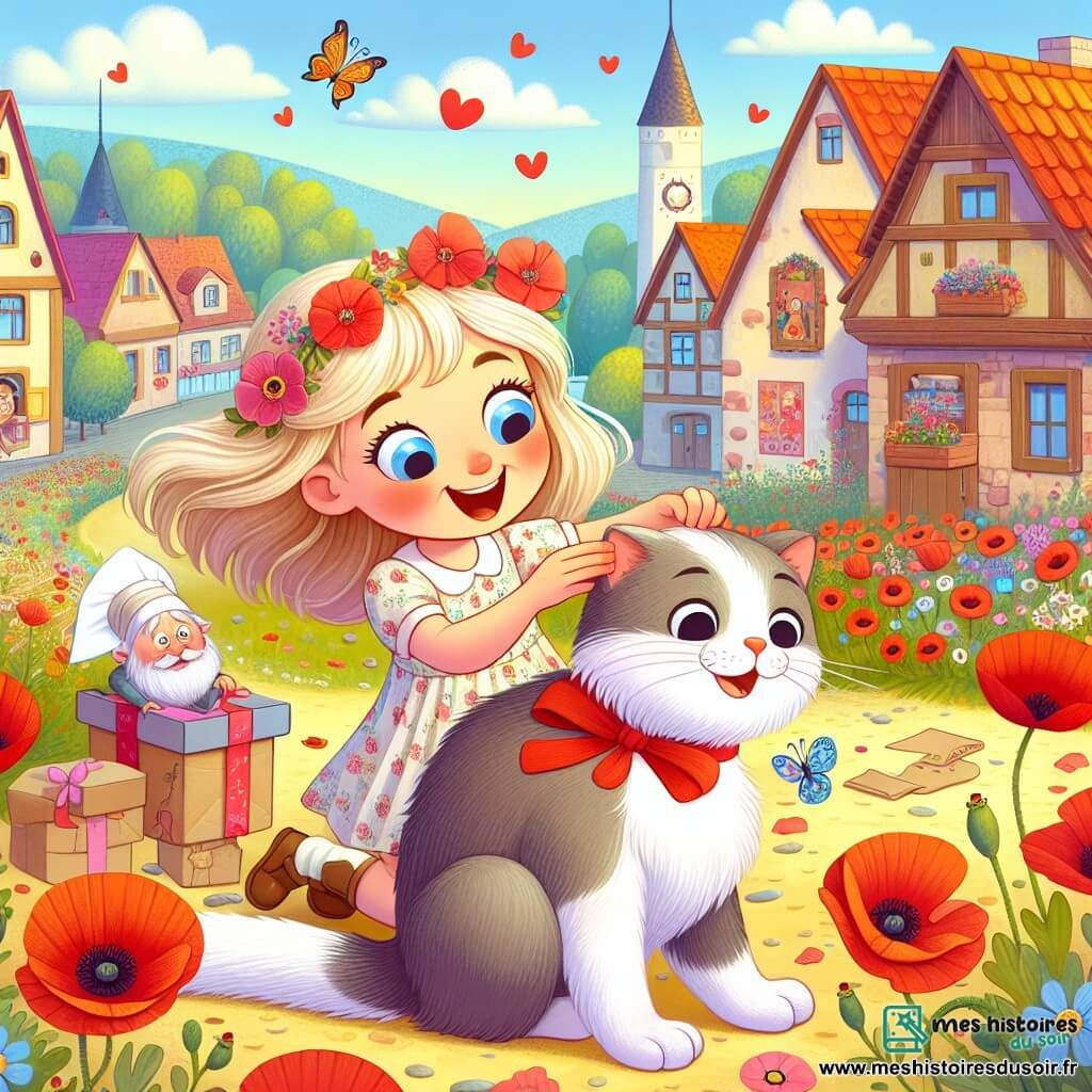 Une illustration destinée aux enfants représentant une petite fille espiègle et pleine d'énergie, préparant un cadeau spécial pour son papa pour la fête des pères, accompagnée de son fidèle chat Pompon, dans un village coloré bordé de champs de coquelicots.
