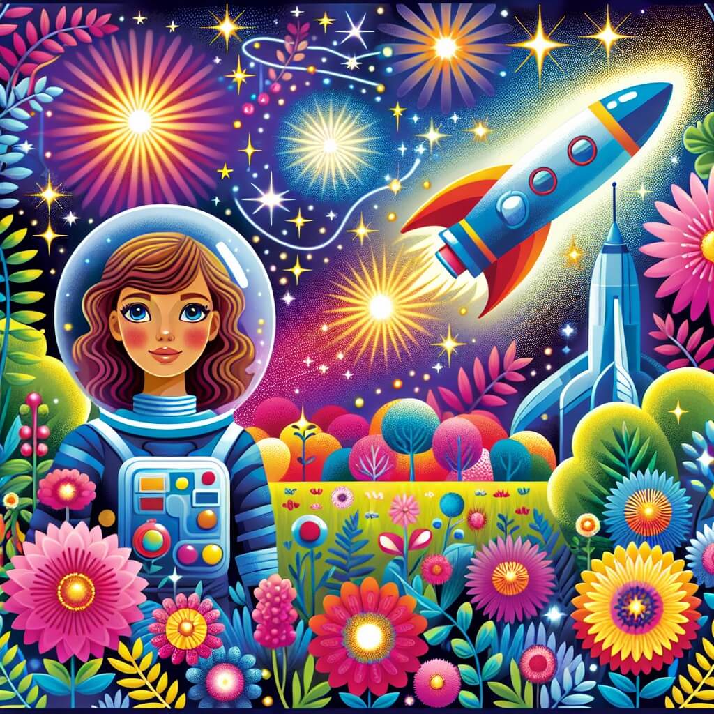 Une illustration destinée aux enfants représentant une femme astronaute, émerveillée par les étoiles, accompagnée d'un vaisseau spatial scintillant, dans un jardin enchanté avec des fleurs colorées et un ciel rempli d'étoiles brillantes.
