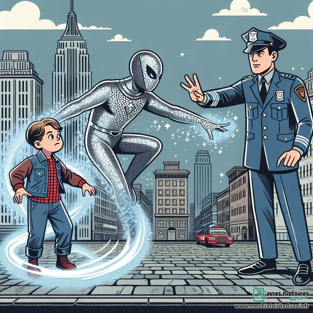 Une illustration destinée aux enfants représentant un homme mystérieux vêtu d'un costume argenté étincelant, se téléportant dans une ville animée appelée Astoria, où il se confronte à un ennemi diabolique tout en recevant l'aide d'un commissaire de police déterminé, le tout se déroulant dans un décor urbain avec des gratte-ciels majestueux et des rues pavées.