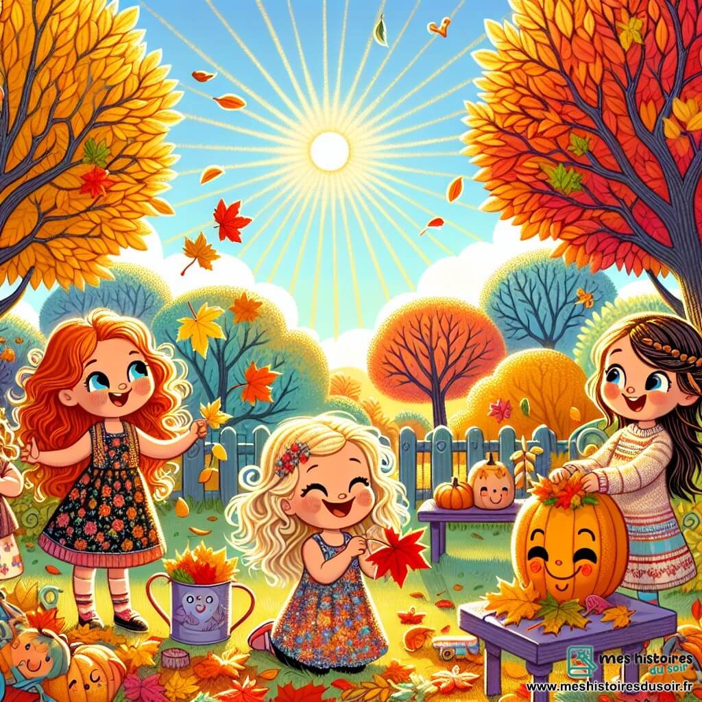Illustration destinée aux enfants représentant un jardin d'automne ensoleillé, où des arbres aux feuilles flamboyantes de couleurs jaunes, oranges et rouges s'élèvent majestueusement. Au premier plan, un groupe de trois enfants de 3 ans, deux filles aux cheveux bouclés et une petite fille avec une tresse, s'amusent à ramasser des feuilles colorées, riant joyeusement. L'une des filles, portant une robe à fleurs, tient un sac rempli de feuilles, tandis que l'autre, vêtue d'un pull en laine, montre une belle feuille rouge à ses amies. En arrière-plan, une citrouille souriante décorée de visages rigolos trône sur une table, ajoutant une touche festive à la scène. Le ciel est d'un bleu éclatant, et des rayons de soleil illuminent le jardin, créant une atmosphère chaleureuse et magique.