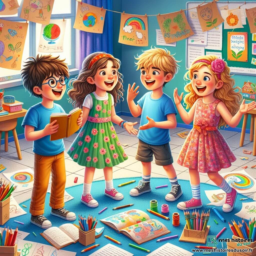 Illustration destinée aux enfants représentant une salle de classe lumineuse et colorée, avec des murs décorés de dessins d'enfants et des affiches éducatives. Au centre, un groupe de quatre enfants de 9 ans, deux garçons et deux filles, se tient en cercle, les visages illuminés par l'excitation. L'un des garçons, aux cheveux bruns en bataille et portant un t-shirt bleu, tient un livre ouvert et sourit, tandis que l'autre garçon, aux cheveux blonds et portant des lunettes, regarde avec curiosité. La première fille, avec des cheveux longs et bouclés, porte une robe à fleurs et gesticule avec enthousiasme, tandis que la deuxième fille, aux cheveux courts et raides, montre un dessin coloré qu'elle a réalisé. Ils sont en train de discuter joyeusement de leur projet de pièce de théâtre sur l'environnement, entourés de crayons de couleur, de papiers et de décorations en carton qu'ils ont créés ensemble, illustrant l'esprit de camaraderie et de créativité qui les unit.