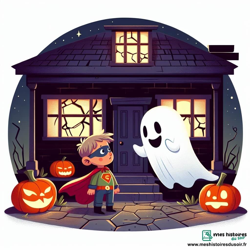 Une illustration destinée aux enfants représentant un garçon déguisé en super-héros, faisant face à un fantôme bienveillant, dans une maison hantée aux murs craquelés et aux fenêtres illuminées par la lueur des citrouilles.