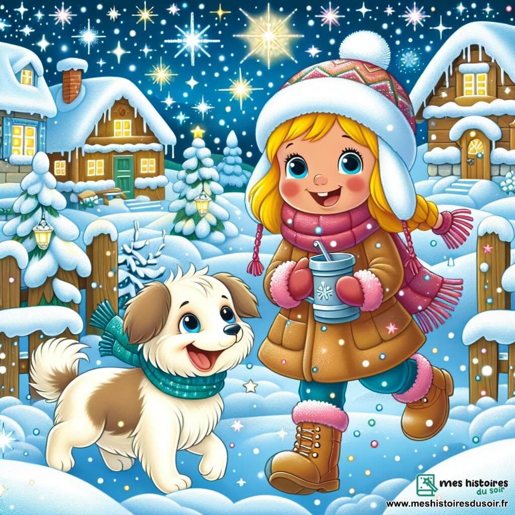 Une illustration destinée aux enfants représentant une fille joyeuse vivant un hiver magique, accompagnée de son chien fidèle, dans un petit village recouvert d'un manteau blanc scintillant de neige.