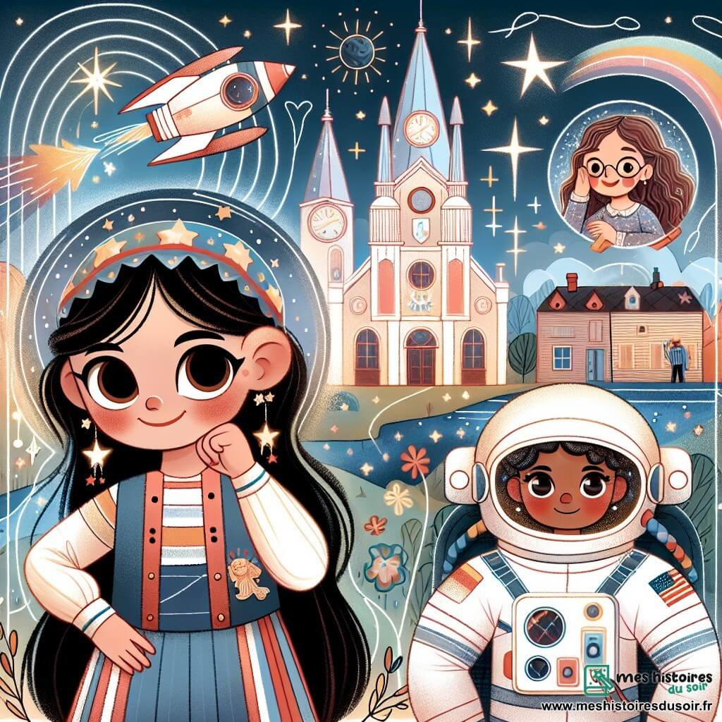 Une illustration destinée aux enfants représentant une jeune fille passionnée par l'espace, accompagnée d'un célèbre astronaute, dans la petite ville de Luneville, avec des étoiles brillantes et une station spatiale en arrière-plan.