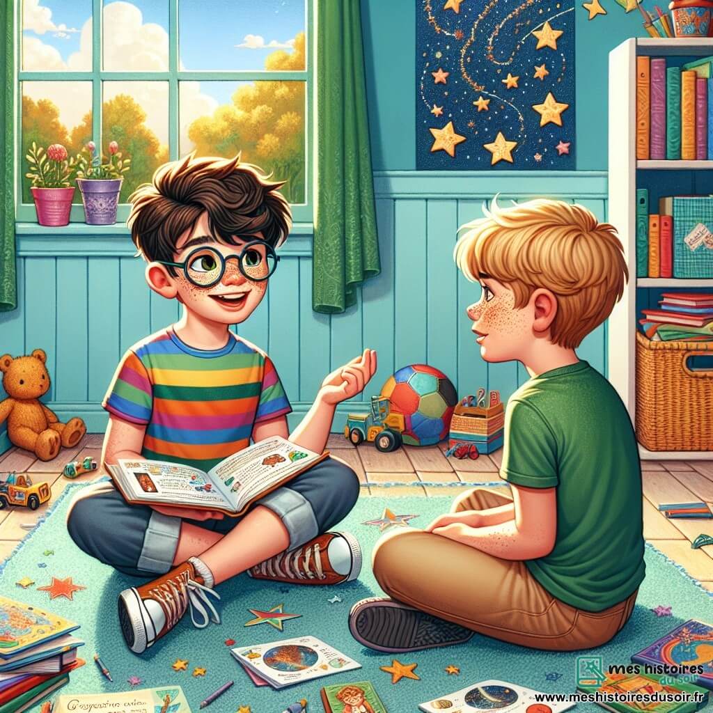 Illustration d'une scène dans une chambre colorée, remplie de livres aux couvertures vives et de jouets sur un tapis doux. Les murs sont peints en bleu clair, et une grande fenêtre laisse entrer la lumière du soleil. Au centre, un garçon de 11 ans, avec des cheveux bruns en bataille et des lunettes rondes, est assis sur le sol. Il porte un t-shirt à rayures multicolores et un short en jean. Il sourit, tenant un carnet ouvert sur ses genoux, expliquant une présentation sur les étoiles à son ami. À côté, un autre garçon de 11 ans, avec des cheveux blonds et des taches de rousseur, écoute attentivement, les yeux brillants d'excitation, vêtu d'un t-shirt vert et d'un pantalon beige. Le premier garçon encourage son ami à croire en lui, illustrant la confiance en soi et l'amitié. En arrière-plan, des posters de constellations décorent le mur, et un tableau noir rempli de dessins d'étoiles et de planètes symbolise leur passion commune pour l'univers.