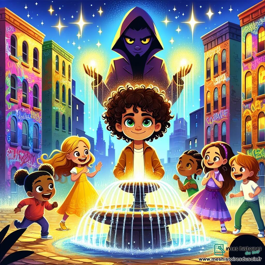Illustration d'une grande place urbaine animée, entourée de bâtiments colorés avec des graffitis artistiques. Au centre, une fontaine scintillante projette des éclaboussures d'eau, tandis que des enfants jouent, créant une atmosphère joyeuse. Un garçon d'environ 8 ans, aux cheveux bouclés et yeux pétillants, se tient courageusement au centre, levant les bras vers le ciel, entouré d'une lumière dorée. À ses côtés, trois filles : l'une souriante avec une robe colorée, une autre émerveillée avec des tresses, et la plus petite, déterminée à combattre les ténèbres. Le groupe d'enfants unit son énergie lumineuse pour repousser une ombre menaçante représentant un sorcier maléfique. Des éclats de lumière colorée émanent de leurs mains, illuminant la scène, tandis que des étoiles scintillantes flottent dans l'air, ajoutant une touche de magie.