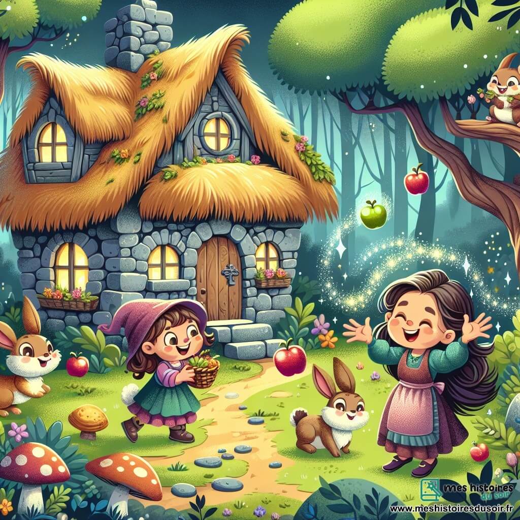 Une illustration sous forme de dessin destinée aux enfants représentant une chaumière enchantée au milieu d'une forêt magique, avec des murs de pierres recouvertes de mousse et un toit en paille, où se trouve une petite fille de 7 ans aux boucles brunes et aux yeux pétillants, en train de jongler joyeusement avec des pommes tout en riant, entourée de lapins espiègles aux grandes oreilles et aux pelages doux, qui s'amusent à jouer à cache-cache, tandis qu'une vieille dame malicieuse, la sorcière bienveillante, observe avec un sourire éclatant, prête à préparer un gâteau de nuages avec des éclats de rire scintillants flottant autour d'eux.