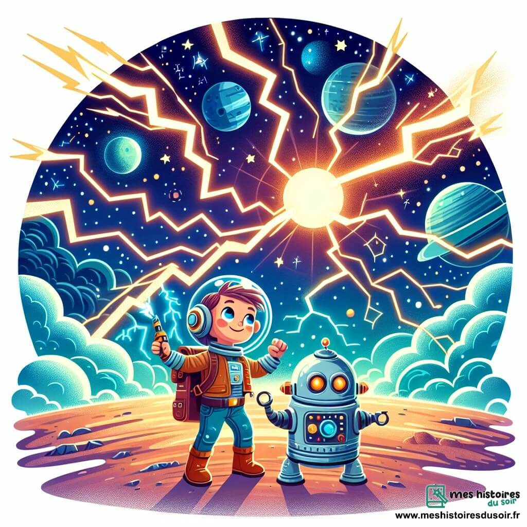 Une illustration destinée aux enfants représentant un explorateur intrépide (garçon) affrontant une tempête spatiale aux côtés d'un robot compagnon (garçon) sur une planète lointaine illuminée par des éclairs zébrant le ciel et des vents cosmiques soufflant avec force, créant une atmosphère mystérieuse et captivante.