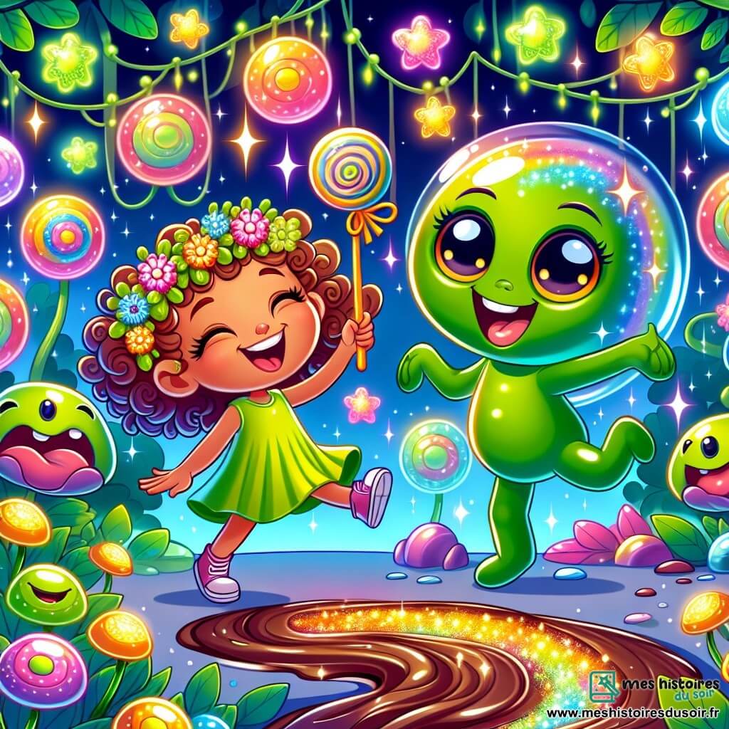 Une illustration sous forme de dessin destinée aux enfants représentant un jardin féerique aux couleurs vives, rempli de fleurs luminescentes et d'arbres aux feuilles multicolores, où une petite fille de 5 ans aux cheveux bouclés et aux grands yeux brillants danse joyeusement avec un extraterrestre vert à la peau luisante et aux grands yeux ronds, tandis qu'un groupe d'aliens ronds et colorés les entoure en riant, tous célébrant une fête magique au bord d'une rivière de chocolat scintillante.
