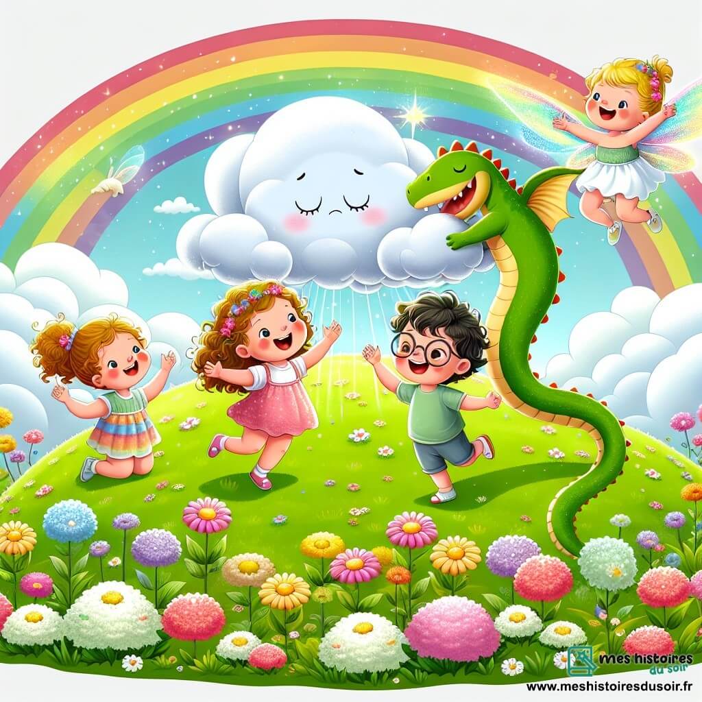 Une illustration sous forme de dessin destinée aux enfants représentant une colline verdoyante parsemée de fleurs colorées, où un groupe de trois enfants de cinq ans, deux filles aux cheveux bouclés et un garçon aux lunettes rondes, sautent de joie en chantant autour d'un dragon nuageux triste, qui flotte au-dessus d'eux, entouré d'un arc-en-ciel brillant qui descend lentement vers le sol, tandis que des fées aux ailes scintillantes dansent autour, ajoutant une touche de magie à cette scène joyeuse et humoristique.