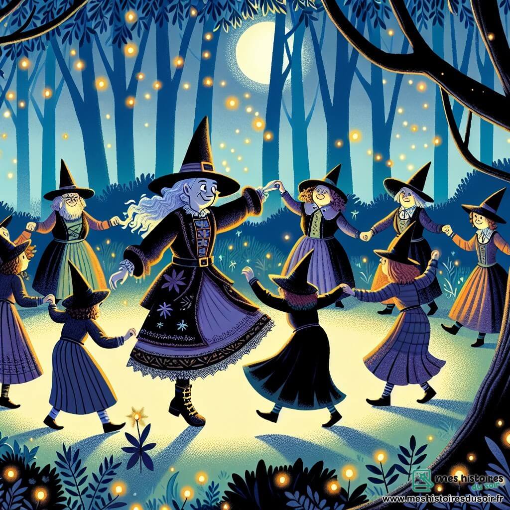 Une illustration destinée aux enfants représentant une apprentie sorcière pleine de malice, une joyeuse ronde avec des sorcières excentriques, une forêt enchantée aux arbres lumineux et aux lucioles dansant.