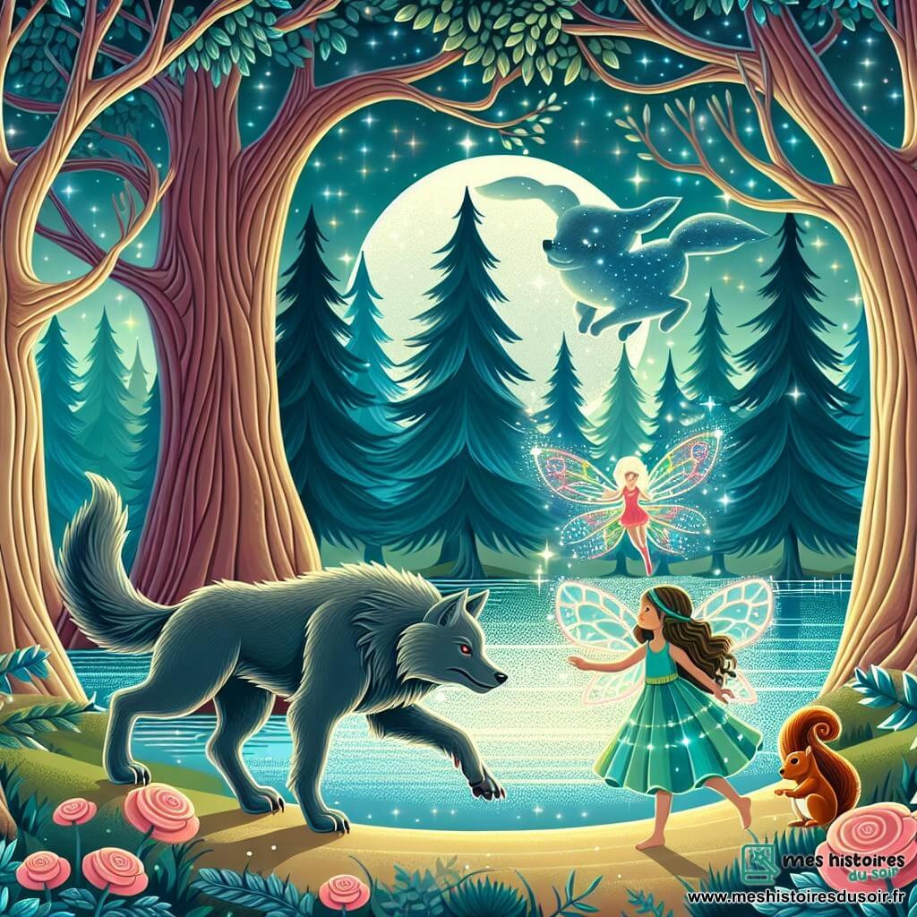 Une illustration destinée aux enfants représentant un loup-garou au cœur d'une forêt enchantée, accompagné d'un écureuil perdu, croisant le chemin d'une fée lumineuse, près d'un lac scintillant entouré d'arbres majestueux aux feuilles chatoyantes.