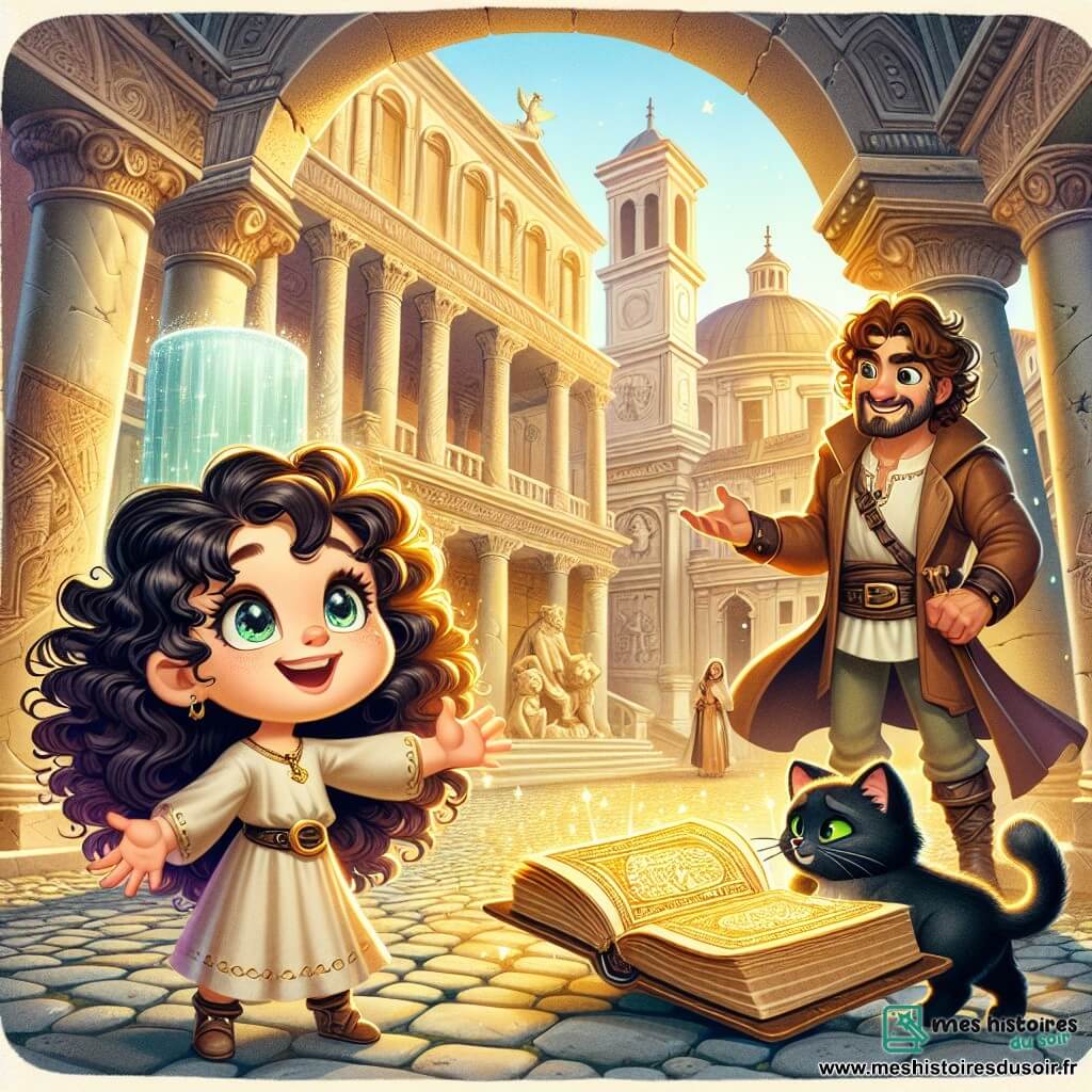 Une illustration sous forme de dessin destinée aux enfants représentant une magnifique place pavée de la Rome antique, avec des bâtiments majestueux et des colonnes de marbre, où une jeune fille aux cheveux bouclés et aux yeux pétillants, vêtue d'une tunique légère, lève les bras avec émerveillement en découvrant un ancien grimoire scintillant, tandis qu'un chat noir aux yeux verts, mystérieux et élégant, l'observe avec curiosité, et un homme barbu en ceinture de cuir, souriant et amical, lui montre les merveilles de la ville, le tout baigné dans une lumière dorée qui évoque la magie et l'aventure.