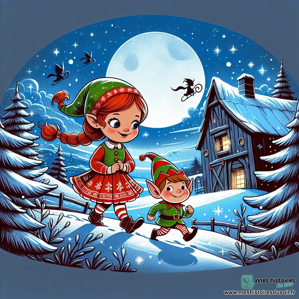 Une illustration destinée aux enfants représentant une petite fille pleine de courage et d'imagination se lançant dans une aventure magique de Noël aux côtés d'un lutin triste, à l'ancienne grange illuminée par la lune et entourée de sapins enneigés scintillants.