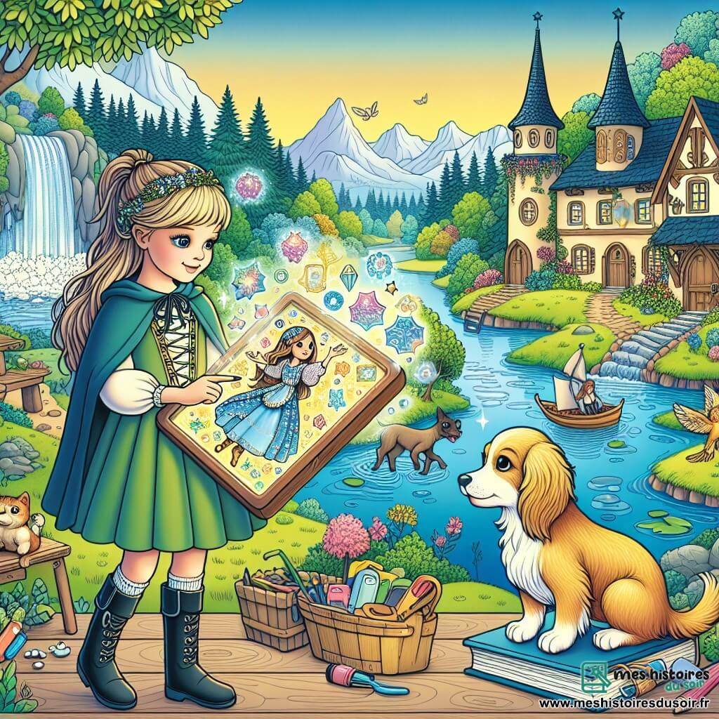 Une illustration destinée aux enfants représentant une jeune fille captivée par des écrans magiques, accompagnée d'un adorable animal de compagnie, dans un village entouré de forêts verdoyantes et d'une rivière scintillante.