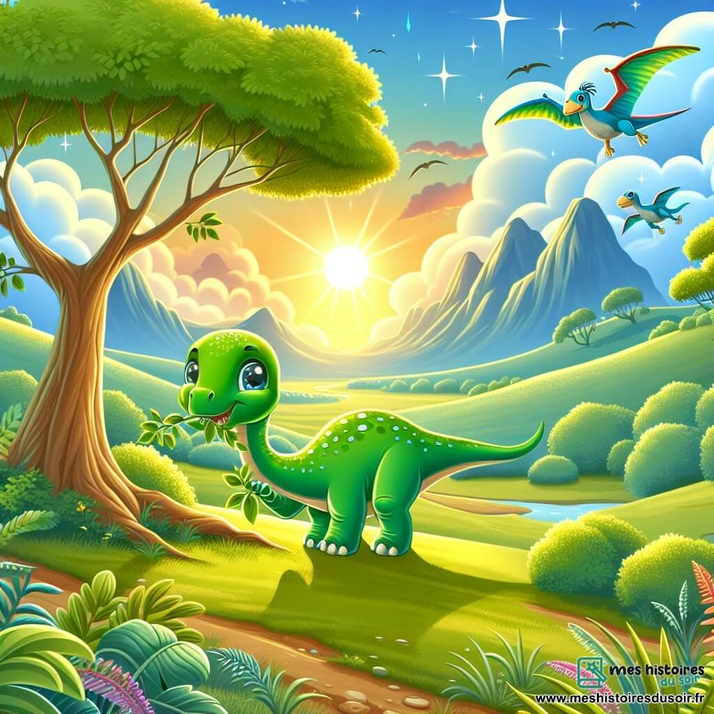 Une illustration sous forme de dessin destinée aux enfants représentant une vallée verdoyante baignée par la lumière dorée du soleil levant, où un jeune diplodocus à la peau verte et aux grands yeux pétillants broutant des feuilles tendres d'un arbre majestueux, tandis qu'un ptéranodon aux ailes colorées vole gracieusement au-dessus de lui, le tout dans une atmosphère d'émerveillement et d'aventure, avec des montagnes lointaines et des nuages flottants créant un décor magique.