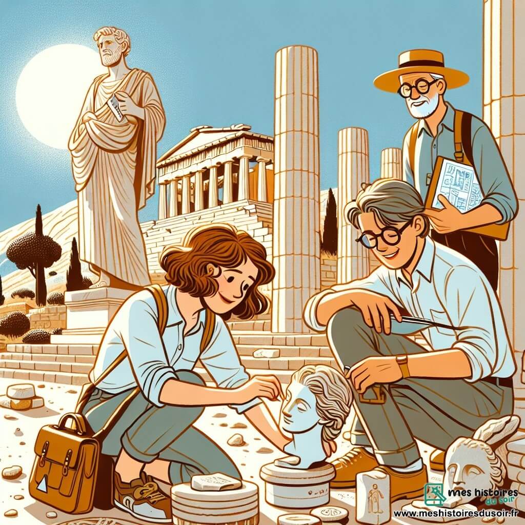 Une illustration sous forme de dessin destinée aux enfants représentant un site archéologique ensoleillé à Delphes, avec des ruines anciennes et des colonnes en marbre, où une femme aux cheveux châtains et bouclés, vêtue d'une chemise légère et d'un pantalon de travail, est accroupie en train de nettoyer délicatement une tablette en argile, tandis qu'un jeune homme aux lunettes et un chapeau de paille, souriant et enthousiaste, l'observe avec un carnet à la main, et une archéologue chevronnée aux cheveux gris et à l'air sérieux, tenant une statue en marbre, les encourage à découvrir les trésors cachés de l'histoire.
