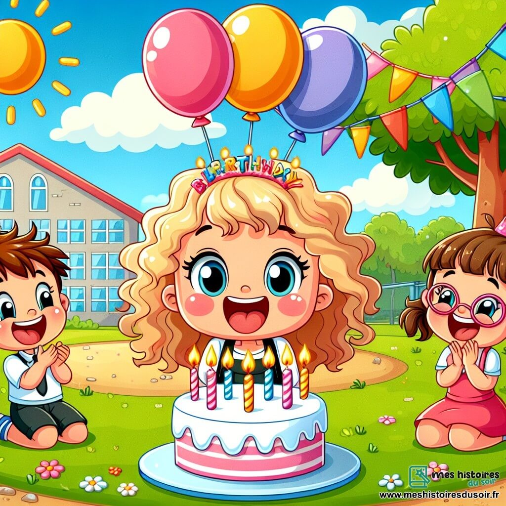 Une illustration sous forme de dessin destinée aux enfants représentant une cour d'école ensoleillée, avec des ballons colorés flottant dans l'air et un grand drap suspendu entre deux arbres, où une petite fille de 6 ans aux cheveux bouclés et aux grands yeux brillants, souriante et pleine d'excitation, souffle sur des bougies d'anniversaire posées sur un gâteau décoré d'étoiles en sucre, entourée de ses amis : un garçon aux cheveux ébouriffés qui applaudit avec enthousiasme et une fille aux lunettes roses qui rit joyeusement, tous célébrant ensemble un moment magique d'anniversaire.