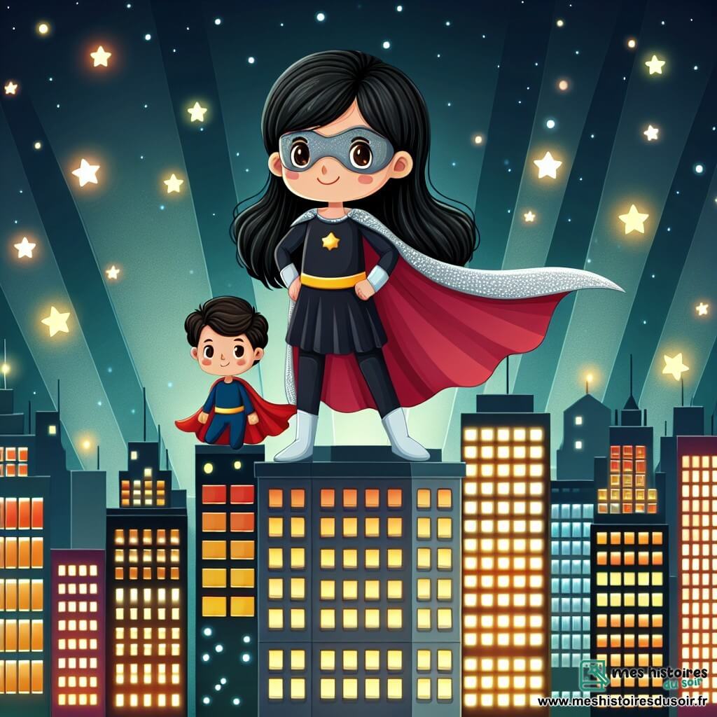 Une illustration destinée aux enfants représentant une femme super-héroïne aux cheveux noirs, vêtue d'une cape scintillante, se tenant fièrement sur le toit d'un gratte-ciel étincelant, entourée de lumières brillantes, prête à défendre la ville contre les forces obscures, avec en toile de fond un ciel nocturne étoilé.