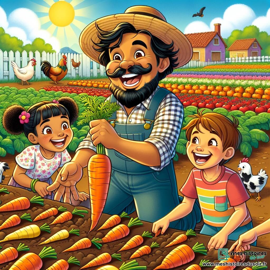 Illustration destinée aux enfants représentant une ferme ensoleillée, avec des champs de légumes colorés s'étendant à perte de vue, des rangées de carottes orange, de tomates rouges et de courgettes vertes brillantes sous le soleil. Au centre, un homme jovial avec une grande moustache et un chapeau de paille, vêtu d'une chemise à carreaux et de salopettes, est en train de montrer aux enfants comment récolter des carottes, tirant avec enthousiasme sur une carotte bien enfoncée dans le sol. À ses côtés, une fille aux cheveux bruns, portant une robe à fleurs, et un garçon aux cheveux blonds, en t-shirt coloré, rient en essayant de sortir la carotte, leurs visages illuminés par la joie et l'excitation. En arrière-plan, des poules picorent le sol et une vache brune paît paisiblement, ajoutant à l'ambiance chaleureuse et animée de la ferme.