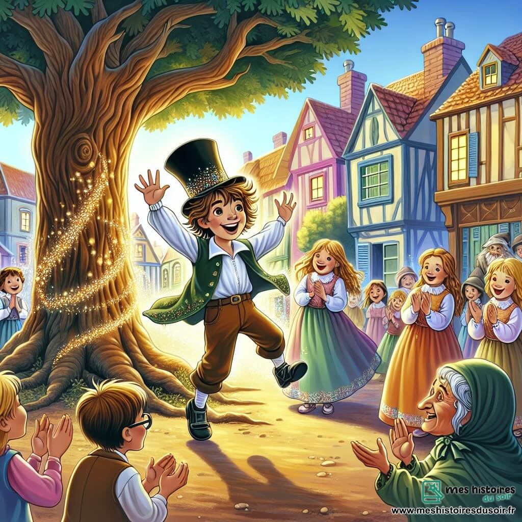 Une illustration sous forme de dessin destinée aux enfants représentant un vieux chêne majestueux au centre d'un village coloré, avec un garçon de 11 ans aux cheveux bruns en désordre, portant un chapeau haut de forme orné de paillettes et dansant joyeusement dans les airs, entouré de plusieurs enfants aux visages émerveillés, dont une fille aux cheveux blonds qui applaudit et un garçon aux lunettes qui rit, tandis qu'une sorcière âgée, vêtue d'une robe faite de feuilles, observe la scène avec un sourire malicieux, le tout baigné dans une lumière ensoleillée qui évoque une ambiance magique et festive.