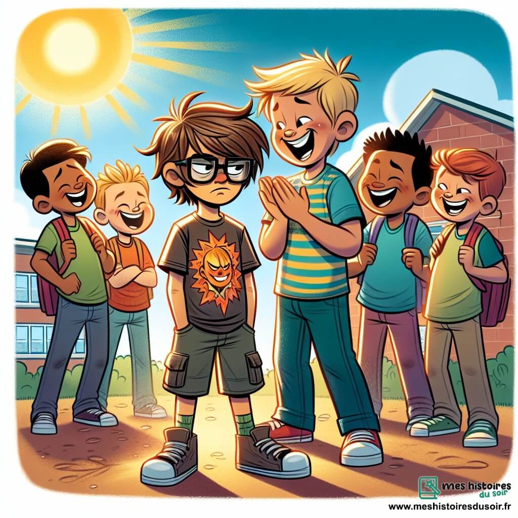 Une illustration sous forme de dessin destinée aux enfants représentant une cour d'école ensoleillée, avec un garçon de 12 ans aux cheveux bruns en bataille, portant un tee-shirt avec un super-héros, se tenant courageusement devant un groupe de garçons moqueurs, dont l'un a les cheveux blonds et un sourire narquois, tandis qu'un autre, avec des lunettes, regarde avec curiosité ; le garçon principal défend un camarade plus jeune aux vêtements colorés qui semble triste, illustrant ainsi le thème du harcèlement et de l'importance de l'amitié et du soutien.