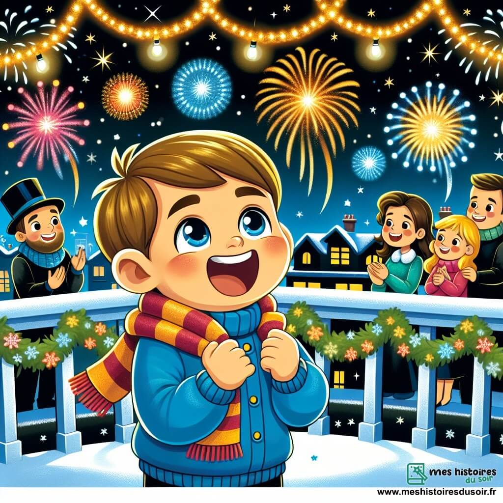 Une illustration destinée aux enfants représentant un petit garçon tout excité à l'idée de fêter le Nouvel An, entouré de sa famille et de ses amis, sur un balcon décoré de guirlandes scintillantes et surplombant un ciel étoilé illuminé par des feux d'artifice colorés.