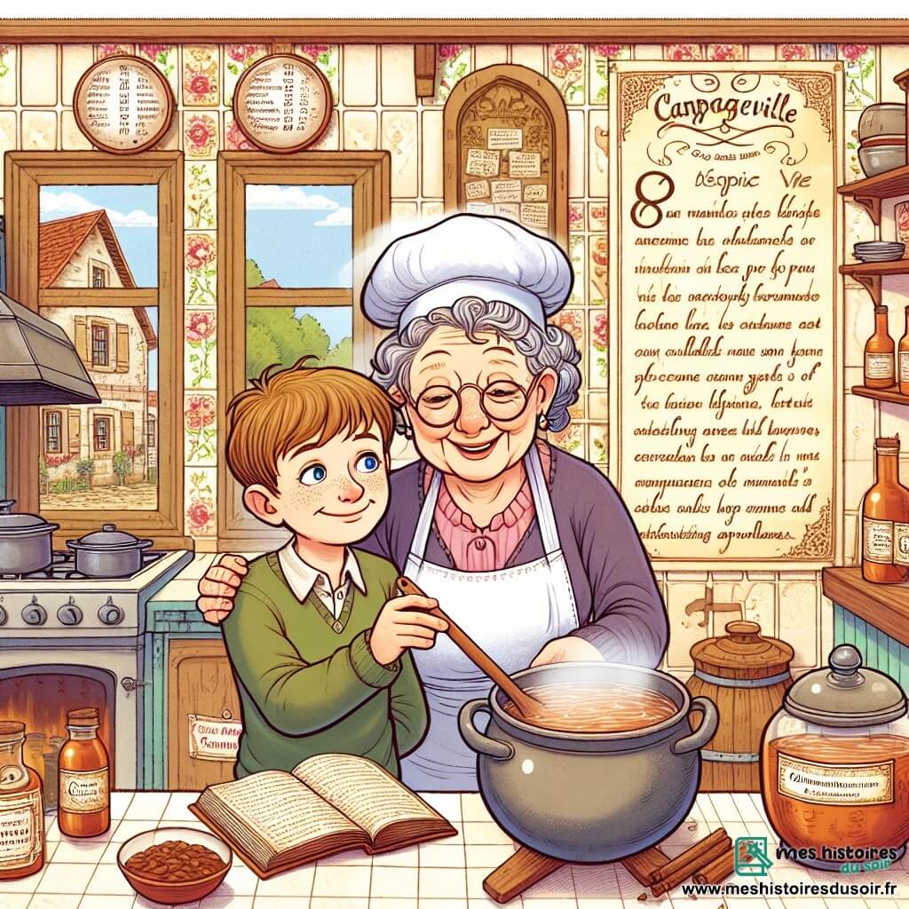 Une illustration destinée aux enfants représentant un jeune garçon passionné de cuisine, accompagné de sa grand-mère bienveillante, évoluant dans une chaleureuse cuisine familiale aux murs ornés de recettes anciennes et aux arômes enivrants, dans la petite ville de Campagneville.