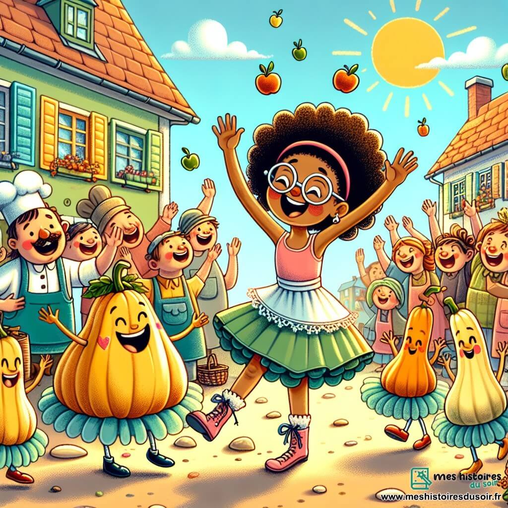 Une illustration sous forme de dessin destinée aux enfants représentant une scène colorée et joyeuse dans un village pittoresque, où une fille de 11 ans aux cheveux bouclés couleur ébène et portant des lunettes rondes danse avec enthousiasme, entourée de gourdes animées en tutu qui effectuent des pirouettes comiques, tandis que des villageois amusés, dont un boulanger avec un croissant et une marchande de fruits lançant des pommes, applaudissent et rient, le tout sous un ciel ensoleillé parsemé de nuages dansants.
