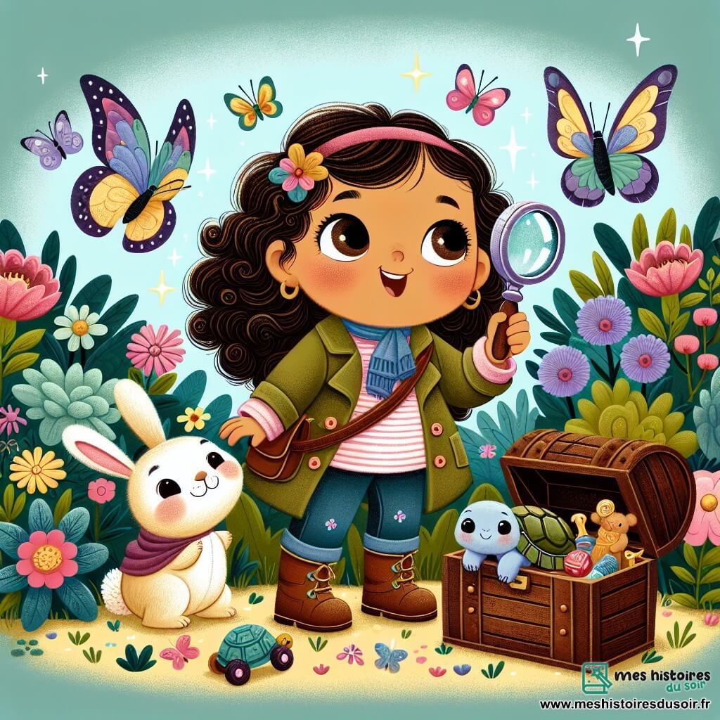 Une illustration sous forme de dessin destinée aux enfants représentant un jardin enchanté rempli de fleurs colorées et de papillons virevoltants, où une petite fille de 3 ans aux cheveux bouclés et aux grands yeux brillants explore avec émerveillement, tenant une loupe magique dans sa main, tandis qu'un petit lapin aux grandes oreilles et une tortue au sourire doux l'accompagnent, tous trois découvrant un coffre en bois ancien caché sous un buisson, rempli de jouets et de bonbons, symbolisant leur aventure pleine d'amitié et de découvertes.