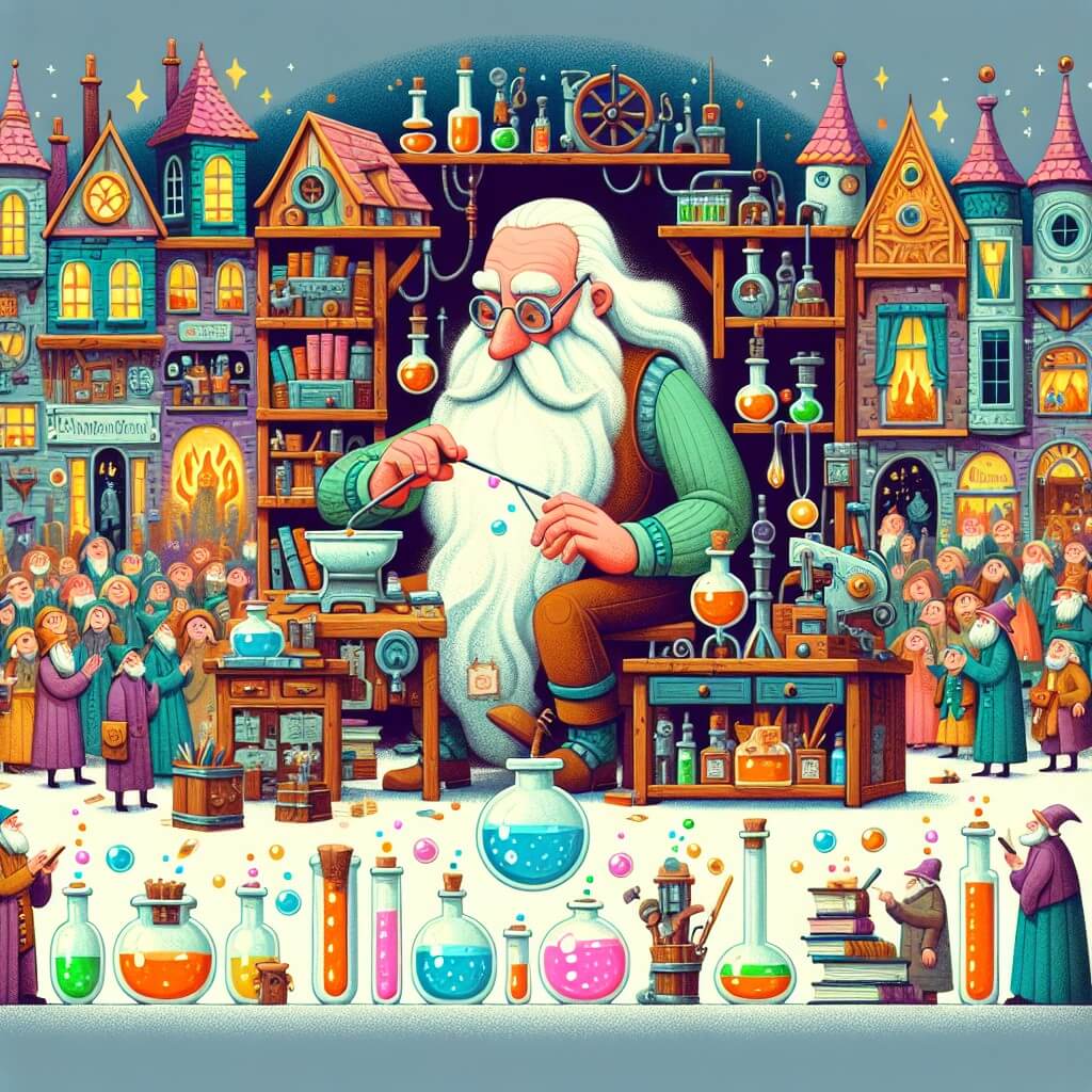 Une illustration destinée aux enfants représentant un inventeur excentrique à la longue barbe blanche, plongé dans son atelier magique rempli de potions et de machines farfelues, tandis qu'une foule curieuse observe ses inventions étonnantes dans une petite ville pleine de couleurs et de magie.
