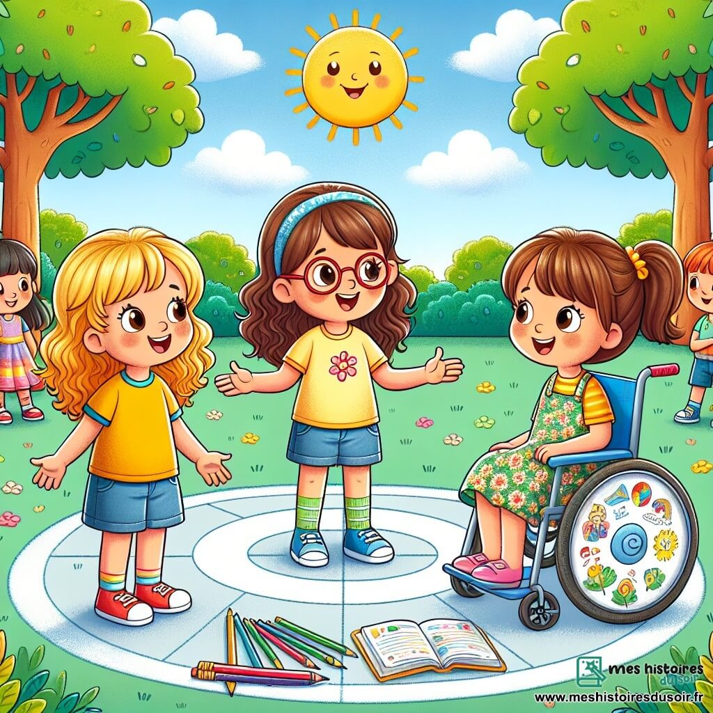 Illustration d'une cour d'école ensoleillée, entourée de grands arbres et d'un ciel bleu avec quelques nuages blancs. Au centre, trois petites filles de six ans sont en cercle. La première, aux cheveux bruns et bouclés, porte un t-shirt jaune et un short en jean, souriant et gesticulant en parlant. La deuxième, avec des cheveux blonds et raides, des lunettes rouges et une robe à fleurs, écoute attentivement. La troisième, aux cheveux châtains en queue de cheval, est dans un fauteuil roulant décoré de stickers colorés, souriant avec bienveillance. Elles discutent de l'importance de dire la vérité, avec curiosité et détermination. À leurs pieds, un livre ouvert et des crayons de couleur symbolisent leur apprentissage. En arrière-plan, d'autres enfants jouent, créant une atmosphère de camaraderie et de bonheur.