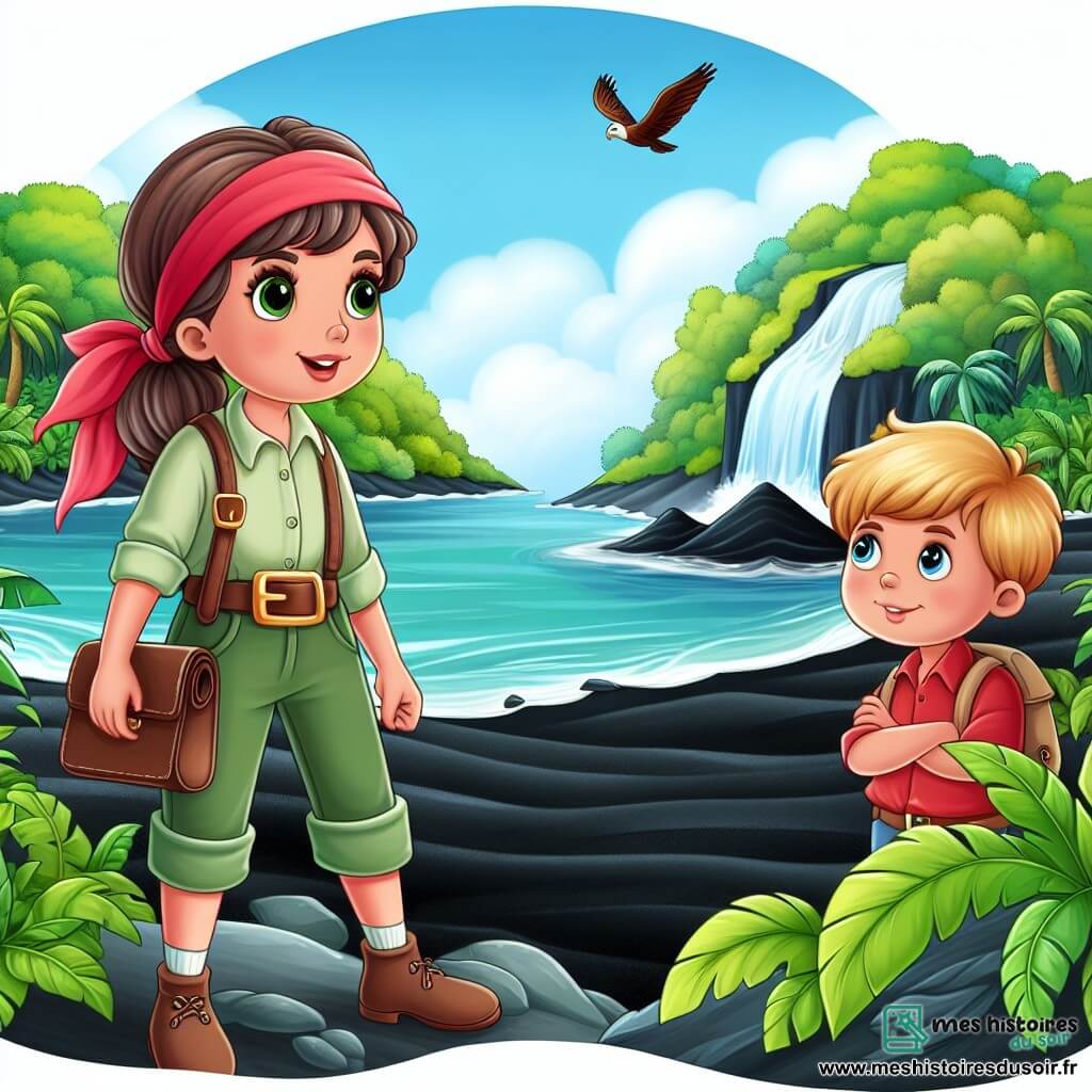 Une illustration destinée aux enfants représentant une exploratrice intrépide, accompagnée d'un jeune garçon astucieux, affrontant des épreuves mystérieuses sur une île exotique aux plages de sable noir et à la végétation luxuriante.