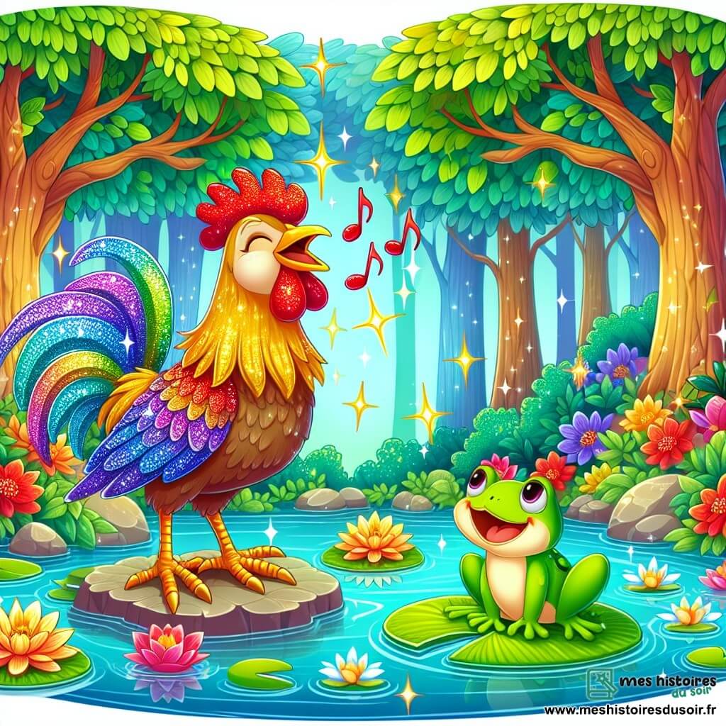 Une illustration sous forme de dessin destinée aux enfants représentant une forêt enchantée, avec des arbres aux feuilles scintillantes et des fleurs colorées, où un coq aux plumes éclatantes comme un arc-en-ciel se tient fièrement au bord d'une étendue d'eau claire, chantant joyeusement, tandis qu'une petite grenouille verte assise sur un nénuphar l'observe avec un sourire, illustrant leur rencontre magique et l'esprit d'aventure qui les unit dans leur quête pour découvrir des secrets enchantés.