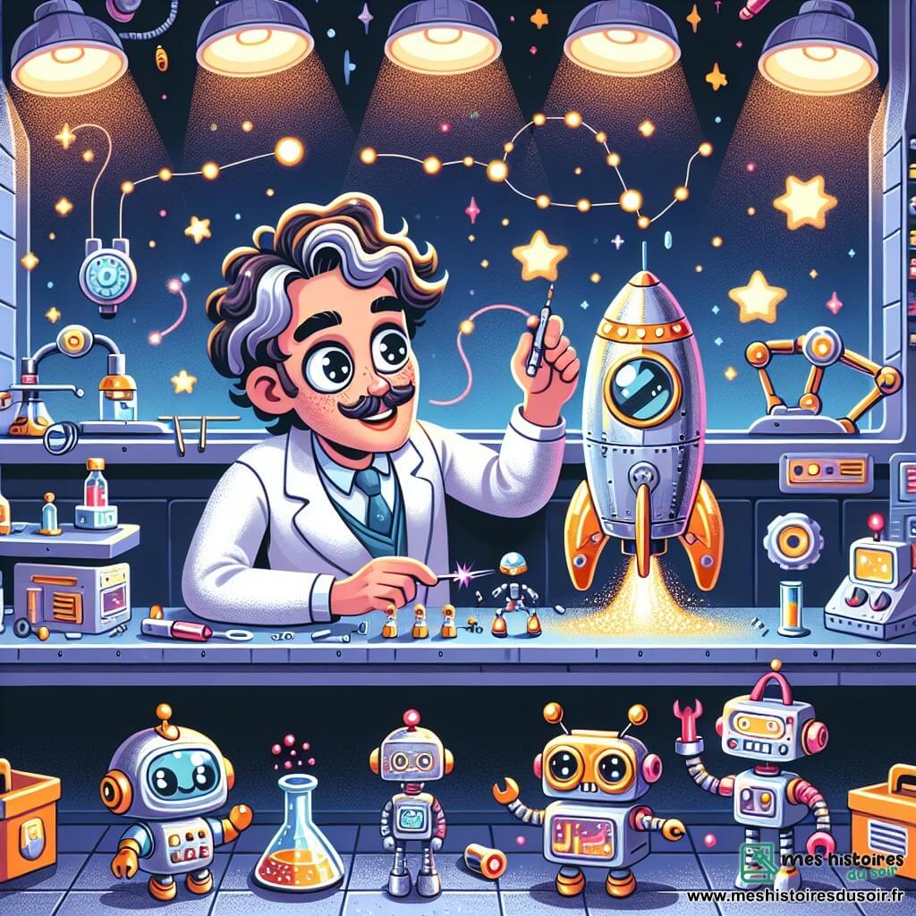 Une illustration sous forme de dessin destinée aux enfants représentant un laboratoire futuriste rempli de gadgets colorés, où un homme aux grands yeux pétillants et à la moustache frisée, vêtu d'une blouse de scientifique, travaille avec enthousiasme sur une fusée étincelante, tandis que deux robots, l'un grand et fort avec des bras métalliques et l'autre petit et rapide avec des lumières clignotantes, l'aident à assembler des pièces brillantes, le tout sous un plafond étoilé qui évoque l'immensité de l'univers et l'excitation d'un voyage spatial imminent.