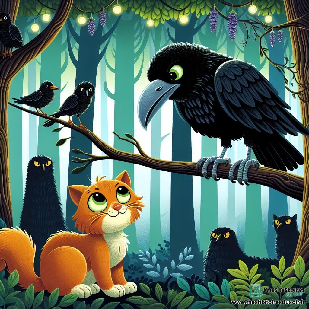 Une illustration destinée aux enfants représentant un corbeau malicieux perchée sur une branche, faisant la rencontre d'un petit chaton espiègle au pelage roux et aux grands yeux verts brillants, dans une forêt dense et mystérieuse aux arbres majestueux et aux feuilles chatoyantes.