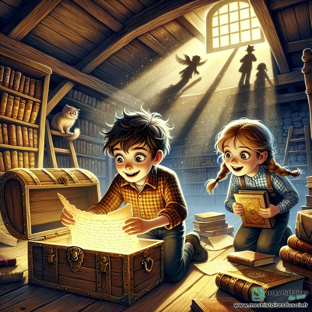Illustration d'un grenier ancien et mystérieux, rempli de vieilles malles en bois, de livres poussiéreux aux couvertures dorées et de toiles d'araignées scintillantes dans la lumière dorée filtrant à travers une lucarne. Au centre, un garçon de 9 ans, avec des cheveux ébouriffés et des yeux pétillants de curiosité, est accroupi devant une malle ouverte, tenant un vieux parchemin. À ses côtés, une fille de 9 ans, aux cheveux bruns tressés et portant une chemise à carreaux, regarde avec émerveillement le contenu de la malle, un sourire d'excitation sur le visage. Ils découvrent ensemble un trésor de lettres anciennes, leurs visages illuminés par l'aventure qui les attend. En arrière-plan, des ombres mystérieuses dansent sur les murs, ajoutant une touche de magie à cette scène d'exploration.