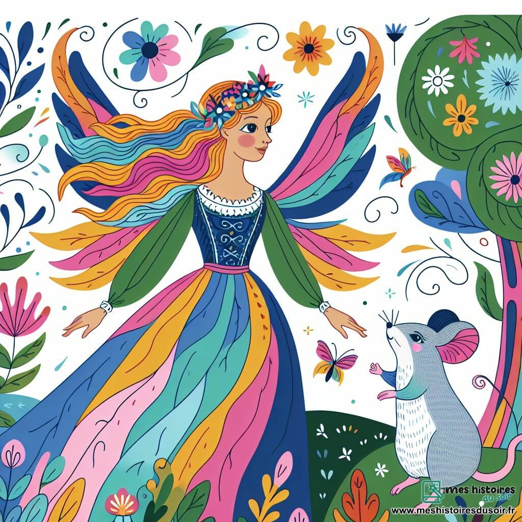 Une illustration destinée aux enfants représentant une femme aux ailes multicolores, une petite souris curieuse, dans un jardin secret enchanté où les arbres chantent et les fleurs dansent au vent.