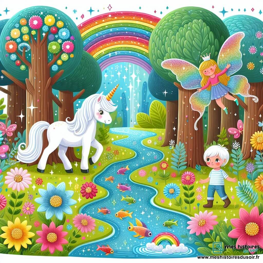 Une illustration destinée aux enfants représentant une licorne blanche, une fée étincelante et un petit garçon curieux explorant une forêt enchantée pleine de fleurs multicolores, d'arbres gigantesques et d'une rivière scintillante où nagent des poissons arc-en-ciel.