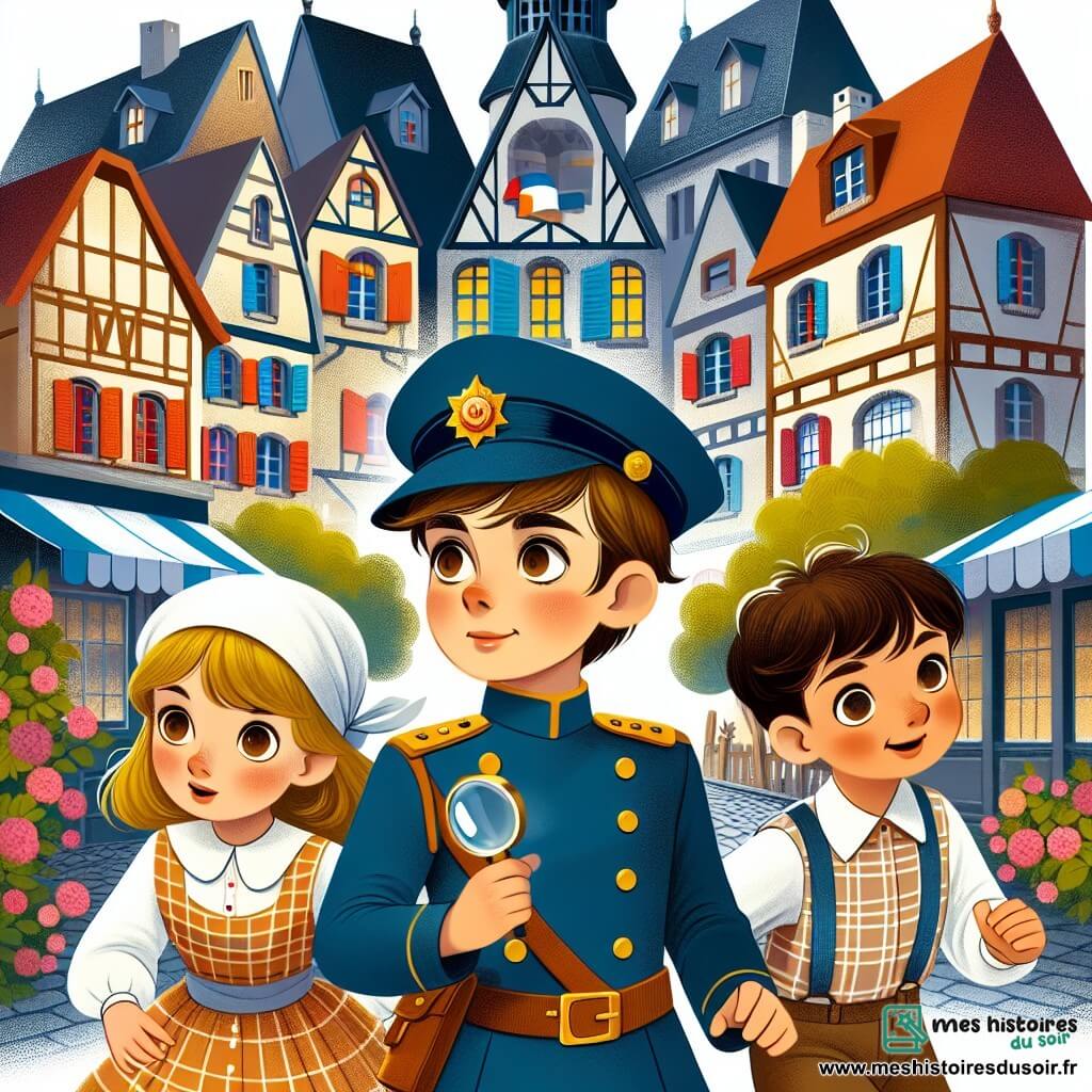 Une illustration destinée aux enfants représentant une jeune femme courageuse en uniforme de police, accompagnée d'un garçon et d'une fille, résolvant un mystère dans la charmante ville de Pommeville, avec ses rues pavées, ses maisons colorées et ses arbres en fleurs.