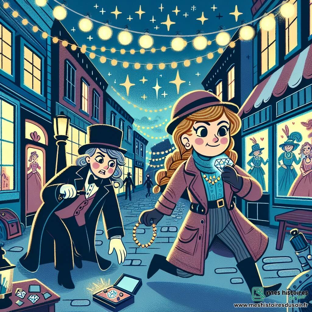 Une illustration destinée aux enfants représentant une jeune femme détective intrépide résolvant le mystère d'un collier en diamant disparu avec l'aide d'un magicien suspect dans la ville animée de Clairville, pleine de bijouteries scintillantes et de ruelles sombres.